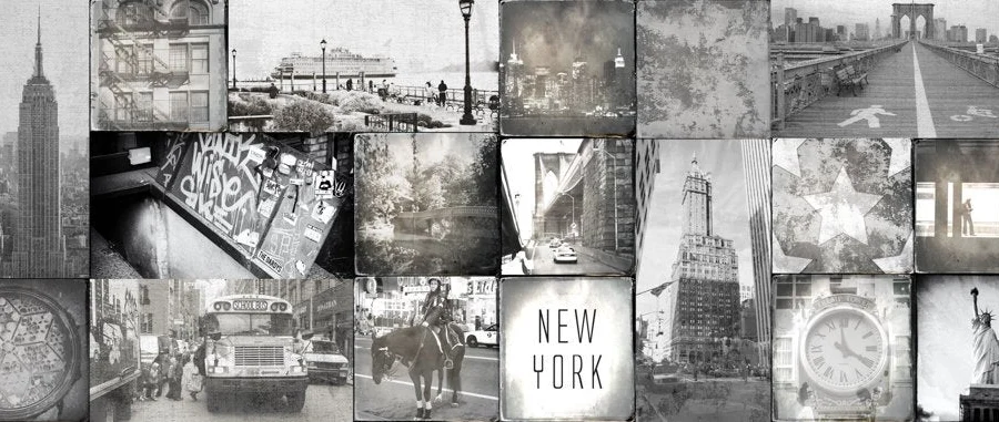 New York City fotocollage spatwand DW2032 met Empire State Building, Brooklyn Bridge en Vrijheidsbeeld in zwart-wit tegelpatroon