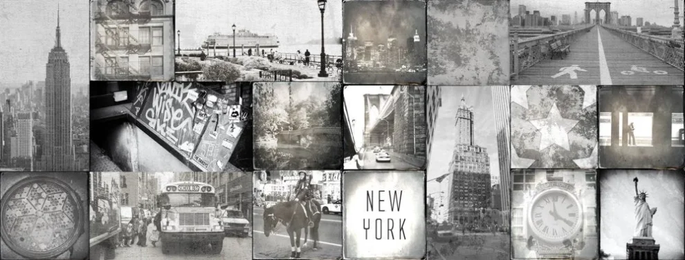 New York City photo collage backsplash DW2032 with Empire State Building Brooklyn Bridge and Statue of Liberty in black-and-white tile pattern