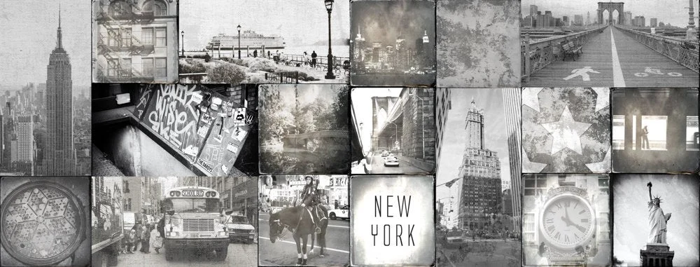 New York City Fotocollage Küchenrückwand DW2032 mit Empire State Building Brooklyn Bridge und Freiheitsstatue in Schwarz-Weiß-Fliesenmuster