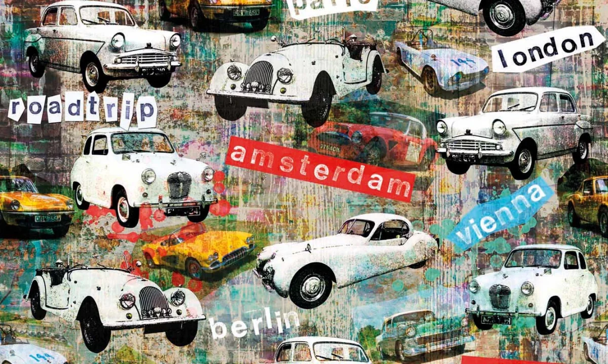 Staal van Amsterdam Cars spatwand DW2036 met vintage auto's en pop-art stadscollage