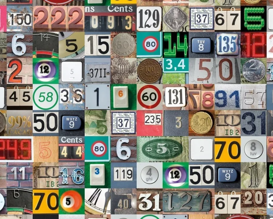 Muster der Numbers Küchenrückwand DW2041 mit Vintage-Hausnummern und farbenfroher Ziffern-Collage