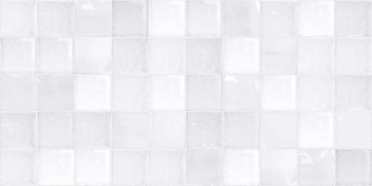 Sample of antique tile backsplash White Lilac DW3300 with soft white-lilac glazed tiles.