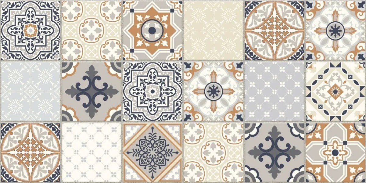 Staal van DW3301 Feldspar spatwand met Portugese tegelmotieven in oranje, blauw en grijs