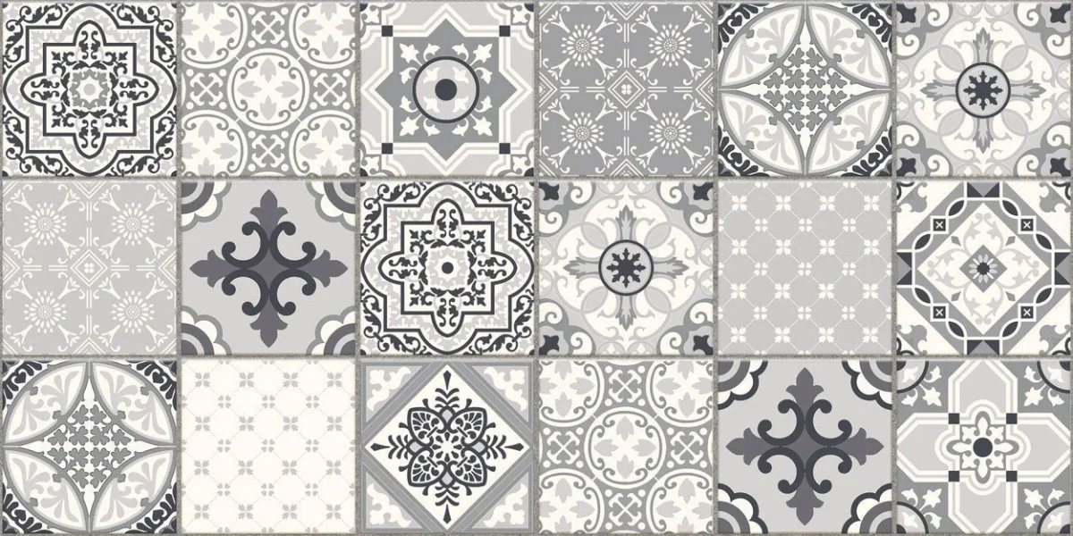 20x20 cm sample of DW3302 Portuguese tile backsplash Star Dust with azulejo patterns in grey tones