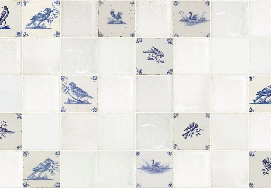 Delfts Blauw Vogels spatwand DW3316 met handgeschilderde vogels op witte Hollandse tegeltjes