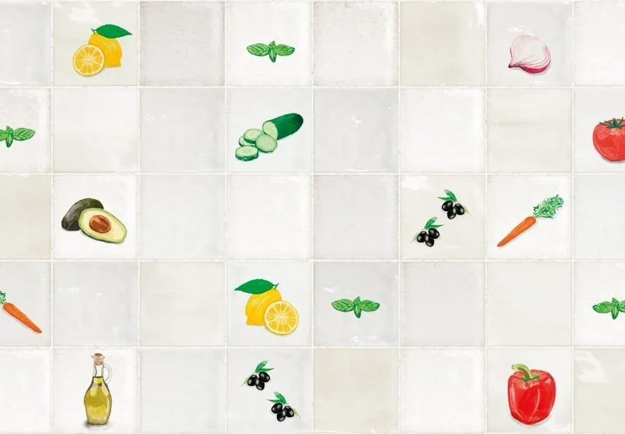 Crédence carrelage antique avec illustrations de légumes peints à la main, citrons, tomates et olives DW3320