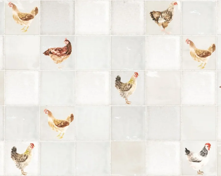 Antikes Fliesendesign Küchenrückwand mit bunten Aquarellhühnern verteilt über weiße Fliesen DW3323