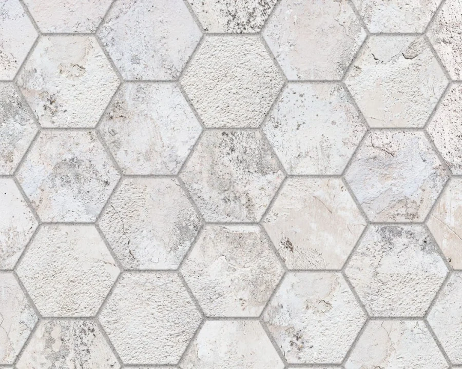 Hexagon betonlook spatwand DW3324 met lichte zeshoekige tegels in wit en lichtgrijs