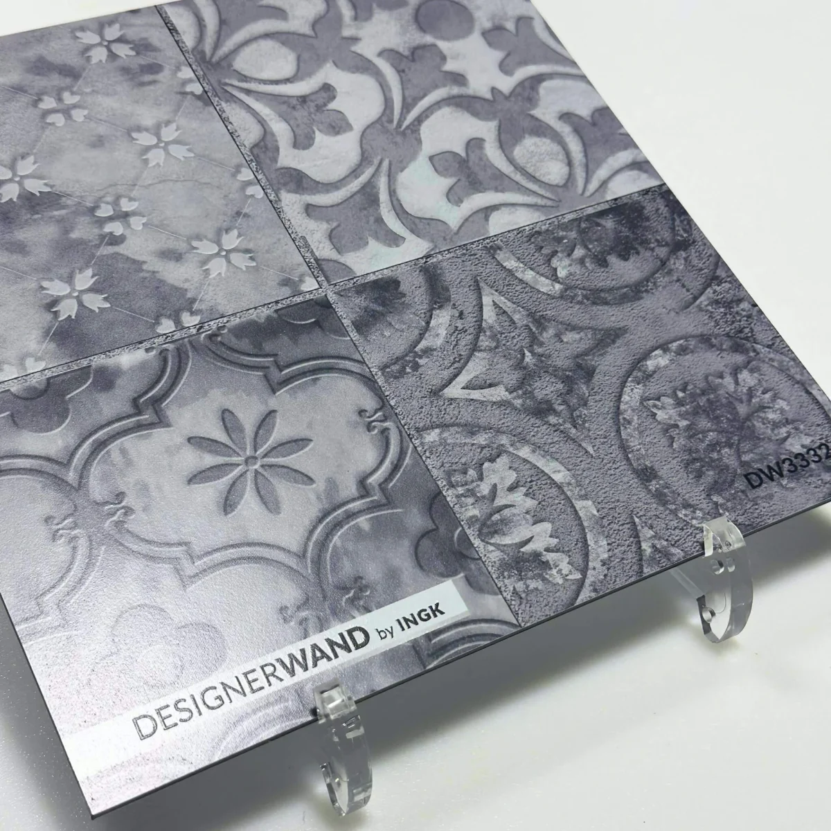 Sample swatch DW3332 Tile Print Grey with weathered ornamental tiles in light to anthracite grey