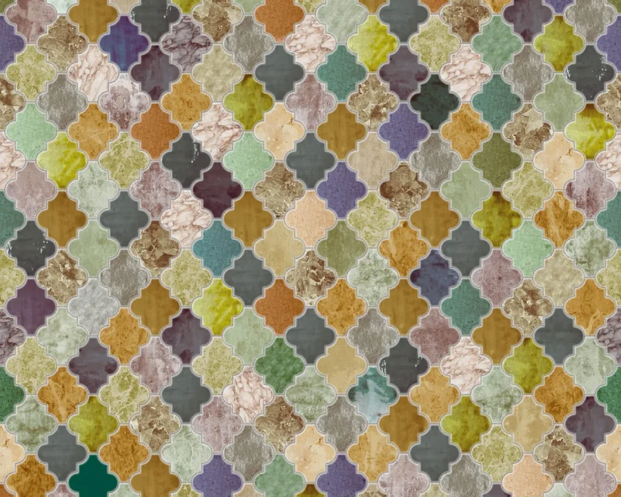 Stained glass backsplash DW3333 with arabesque pattern in warm beige and earth tones