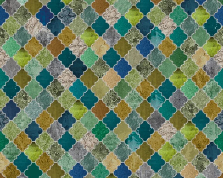 Bleiglas-Küchenrückwand DW3334 mit farbenfroh Arabesken-Muster in Grüntönen und Türkis