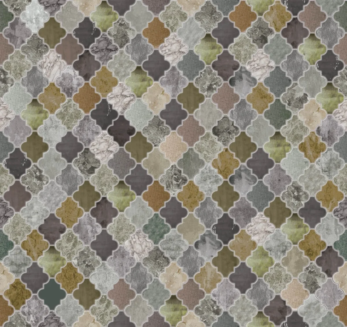 Glas-in-lood spatwand DW3335 met arabesk patroon in gedempte grijstinten en olijfgroen
