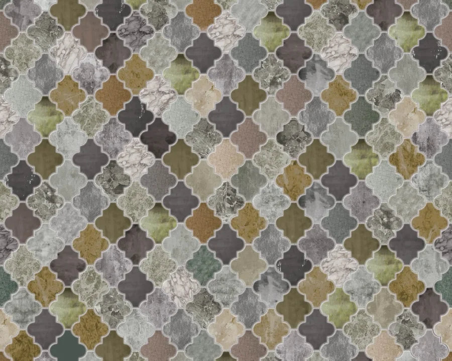 Bleiglas-Küchenrückwand DW3335 mit Arabesken-Muster in gedämpften Grautönen und Olivgrün