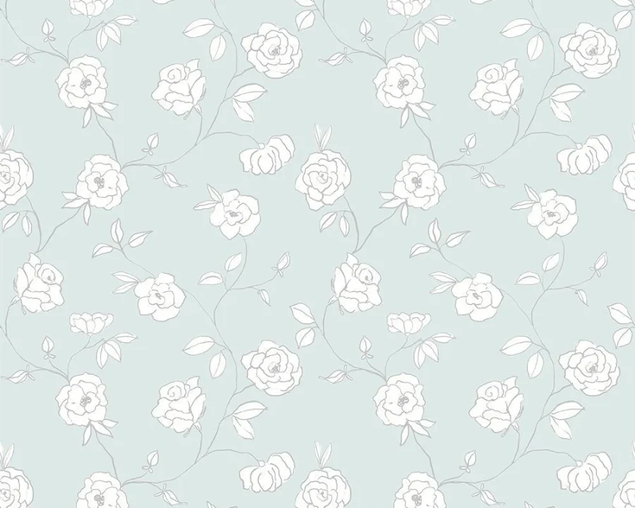 Muster der Blümchen Küchenrückwand DW4001 mit gezeichneten weißen Rosen auf mintgrünem Hintergrund
