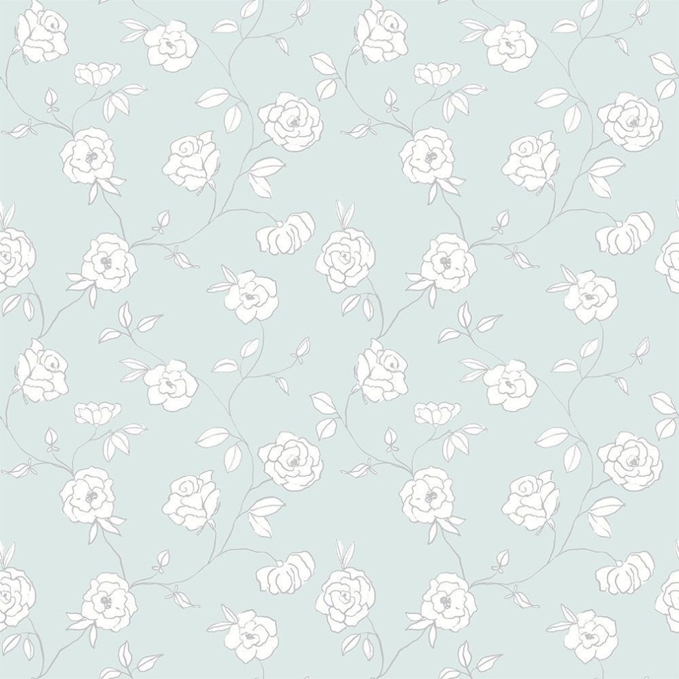 Staal van Bloemetjes spatwand DW4001 met getekende witte rozen op mintgroene achtergrond