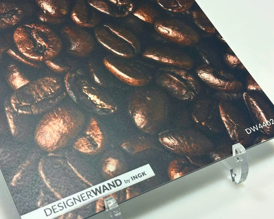 Sample of coffee beans backsplash DW4402 with photorealistic close-up of brown coffee beans.