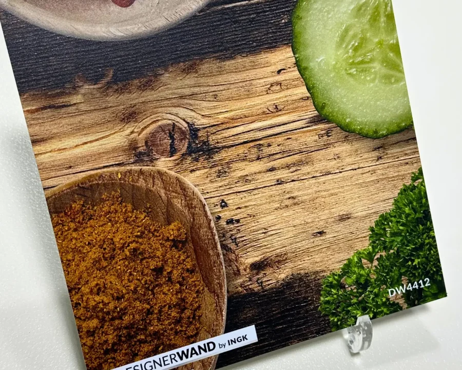 Backsplash sample DW4412 with wood look and fresh herbs, peppers and spices