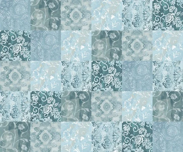 Floral Tile-Look backsplash DW6012 with blue patchwork floral motifs in azulejo style
