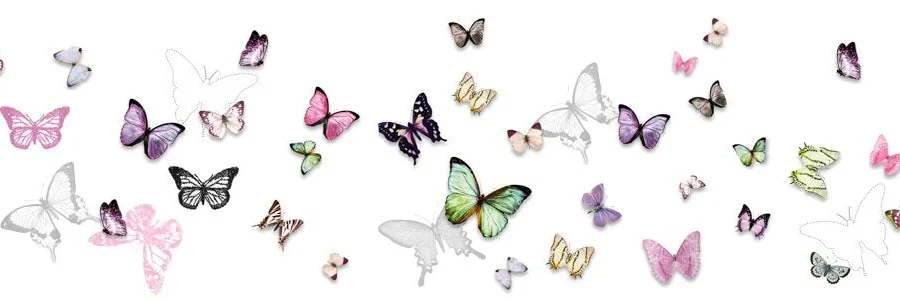 Crédence Papillons DW6014 avec papillons colorés en rose, violet et vert sur fond blanc