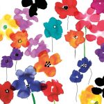 Kleurrijke Aquarel Bloemen spatwand DW6019 met waterverf-bloemen in rood, blauw en paars op witte achtergrond