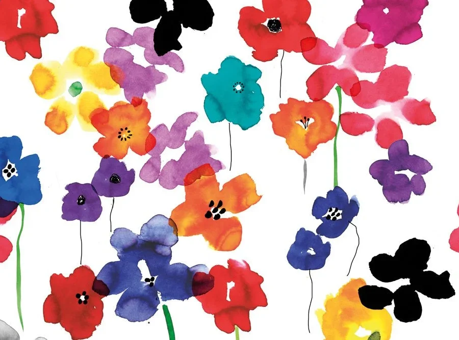 Kleurrijke Aquarel Bloemen spatwand DW6019 met waterverf-bloemen in rood, blauw en paars op witte achtergrond