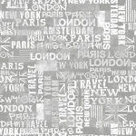 Motif typographique avec noms de villes New York Paris London Amsterdam dans diverses polices sur fond gris