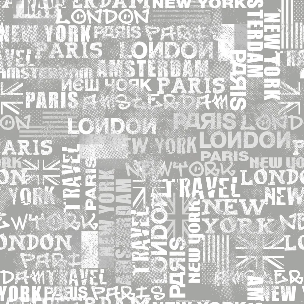 Motif typographique avec noms de villes New York Paris London Amsterdam dans diverses polices sur fond gris