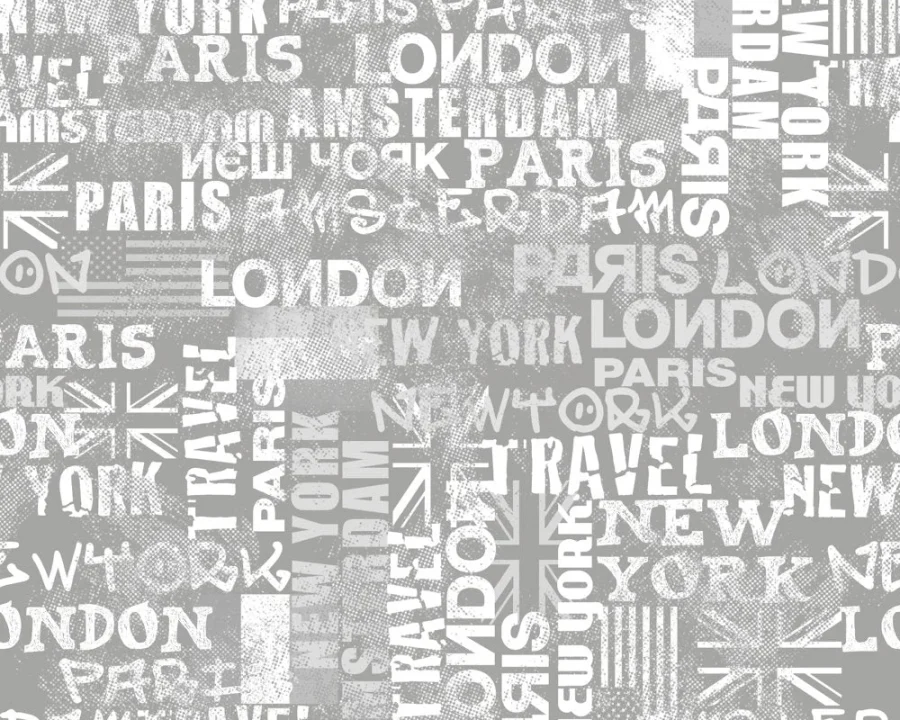 Muster der Weltstädte-Küchenrückwand DW6022 mit Typografie von New York, Paris, London und Amsterdam in Grautönen.