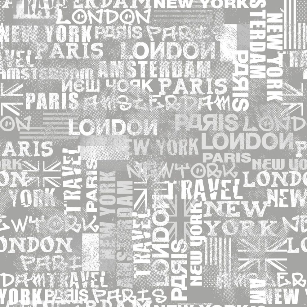 Muster der Weltstädte-Küchenrückwand DW6022 mit Typografie von New York, Paris, London und Amsterdam in Grautönen.