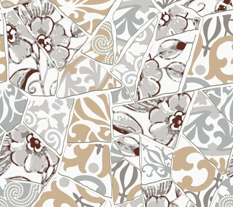 Motif de mosaïque d'éclats de carreaux à motifs floraux gris et beige