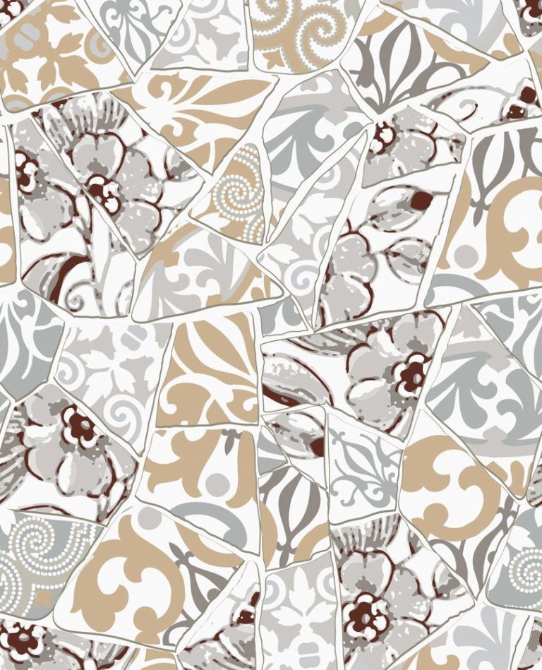 Staal van de Mozaïek Bloemen spatwand DW6024 met patchwork van tegelfragmenten in warme aardetinten.