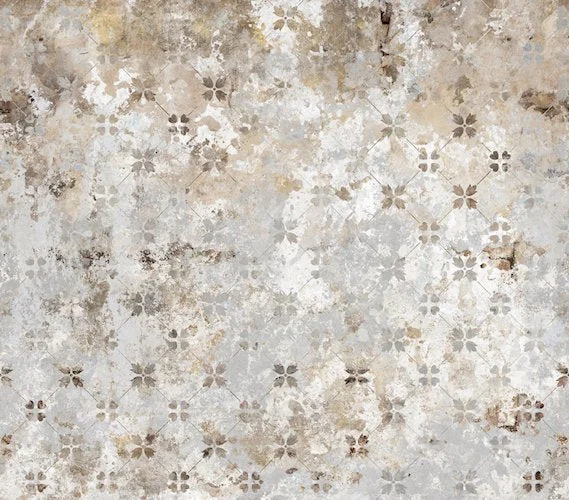 Weathered floral tile backsplash DW6026 with aged cement tiles in grey and earth tones