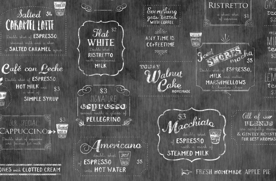 Motif d'ardoise noire avec une carte des cafés blanche et des tasses dessinées