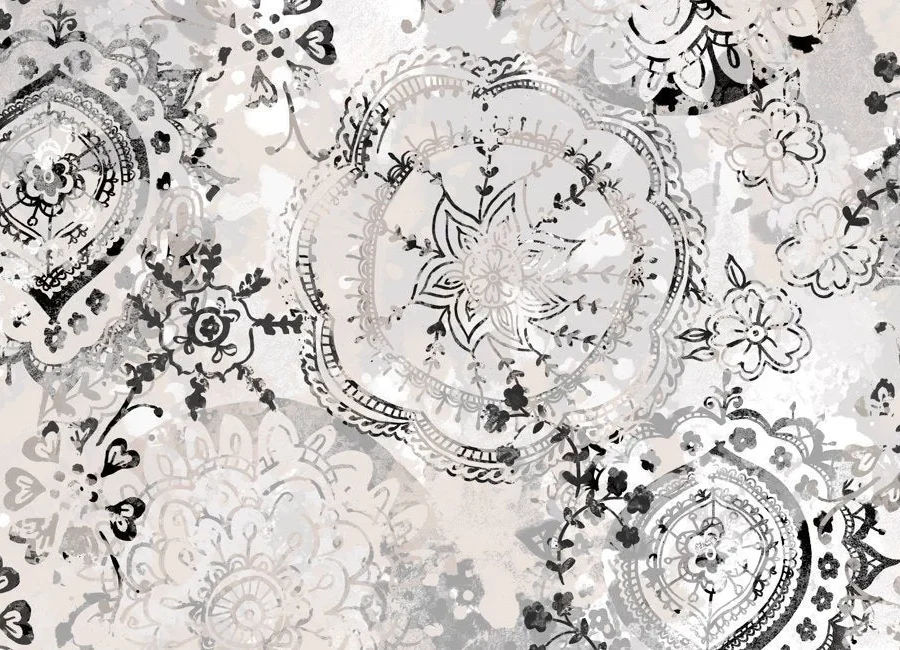 Crédence Dreamcatcher DW6089 avec mandalas et motifs floraux en noir et blanc sur fond gris
