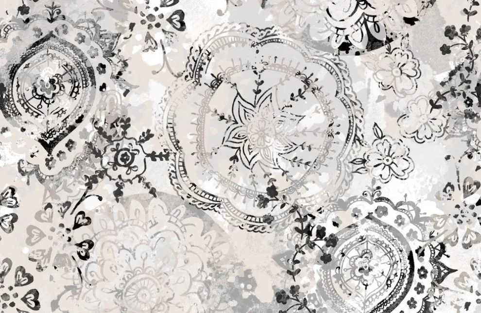 Crédence Dreamcatcher DW6089 avec mandalas et motifs floraux en noir et blanc sur fond gris
