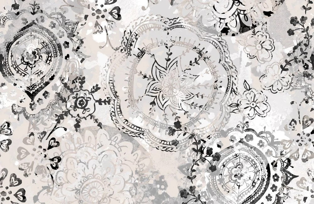 Dreamcatcher-Küchenrückwand DW6089 mit Mandalas und Blumenmotiven in Schwarz-Weiß auf grauem Hintergrund