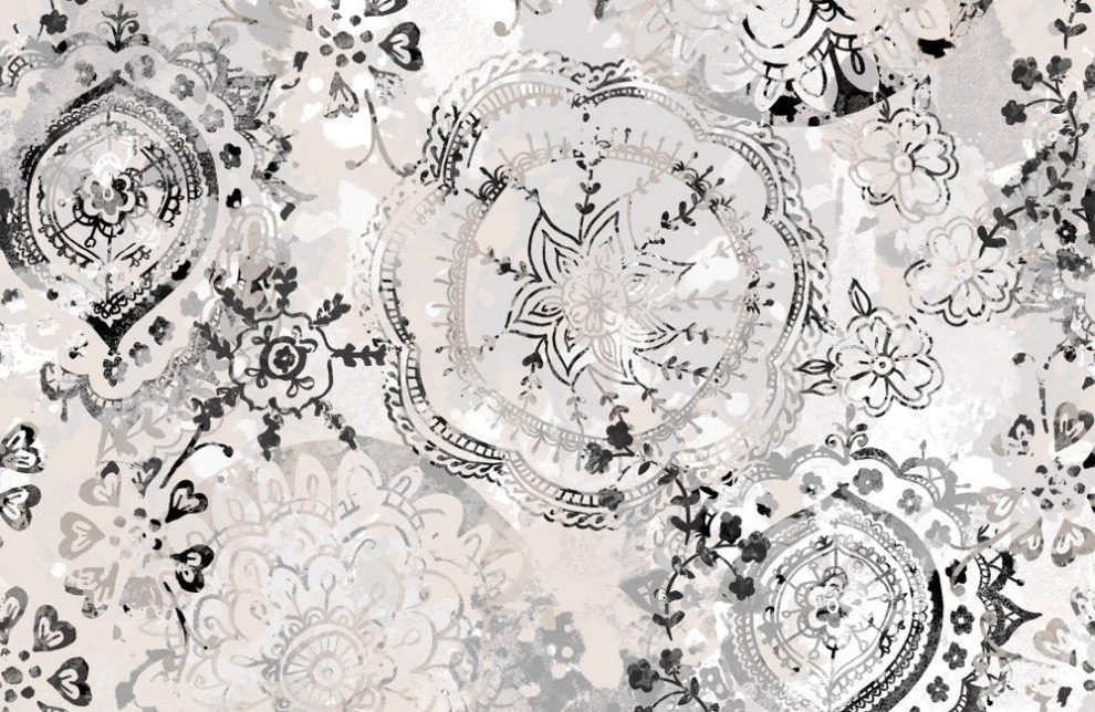 Échantillon de la crédence Dreamcatcher DW6089 avec mandalas et motifs floraux en tons gris.