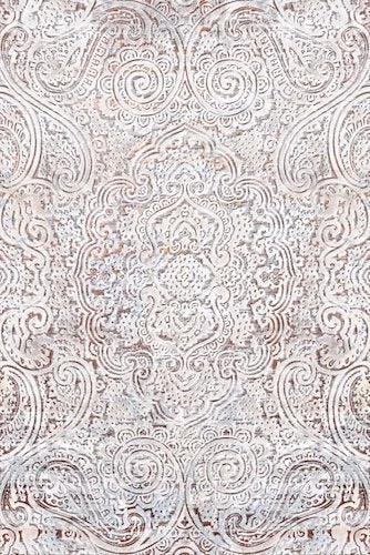 Muster der Cordoba Ornament Küchenrückwand DW7200 mit weißen Paisleymotiven auf verwittertem grau-blauem Hintergrund