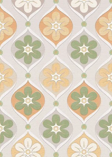 Retro Blumen Küchenrückwand DW7287 mit grün-orangem Blumenmuster im 70er-Jahre-Stil auf hellem Hintergrund