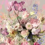 Bouquet peint de roses et de tulipes en rose, violet et crème