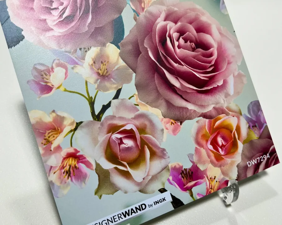 Muster der Sweet Roses Küchenrückwand DW7294 mit rosa Rosen und Kirschblüten auf hellblauem Hintergrund