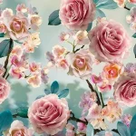 Le motif à plat : roses roses et boutons sur fond vert d'eau