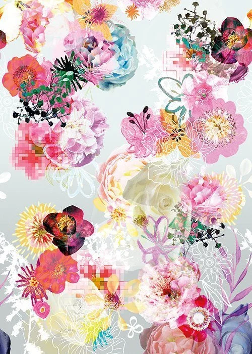 Grafische Bloemen spatwand DW7298 met kleurrijke rozen en grafische elementen op lichtgrijze achtergrond