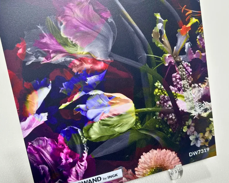 Sample of dark floral backsplash DW7319 with roses and peonies on deep black background