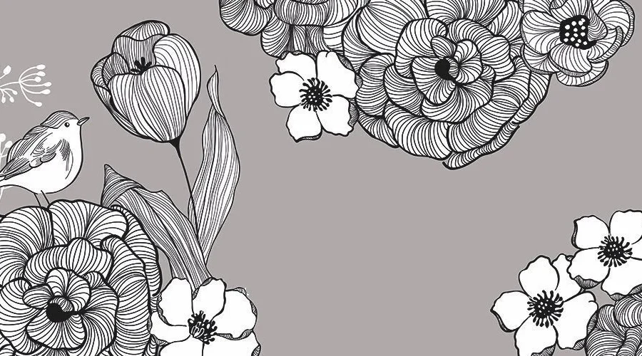 Blumen mit Vögelchen Küchenrückwand DW7330 mit feinen Schwarz-Weiß-Strichillustrationen auf grauem Hintergrund