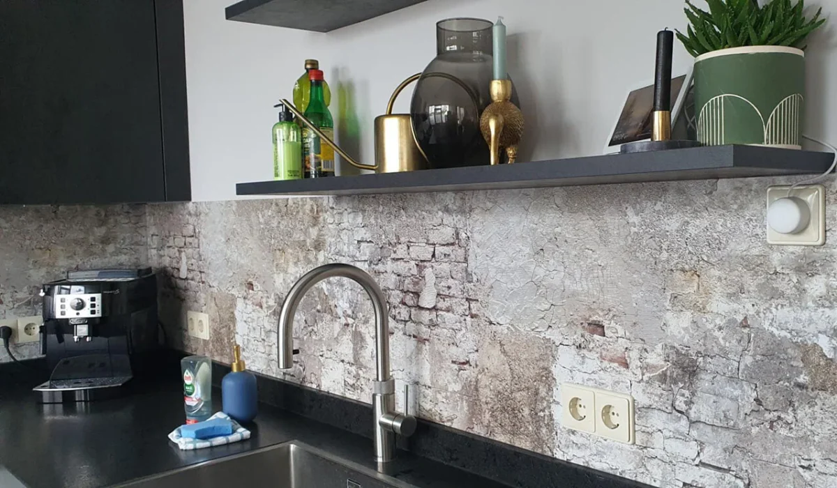 Weathered brick wall with peeling plaster backsplash DW7375 in kitchen