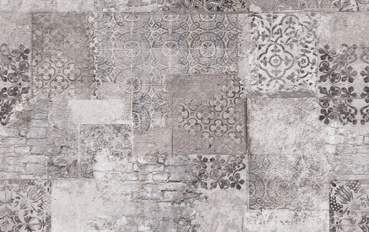 Backstein- und Fliesen-Patchwork-Küchenrückwand DW7392 mit Mandala- und Backsteinmotiven in Grautönen