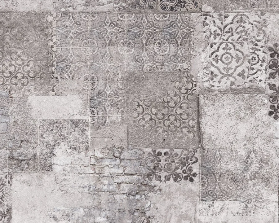 Baksteen en tegel patchwork spatwand DW7392 met mandala- en baksteenmotieven in grijstinten
