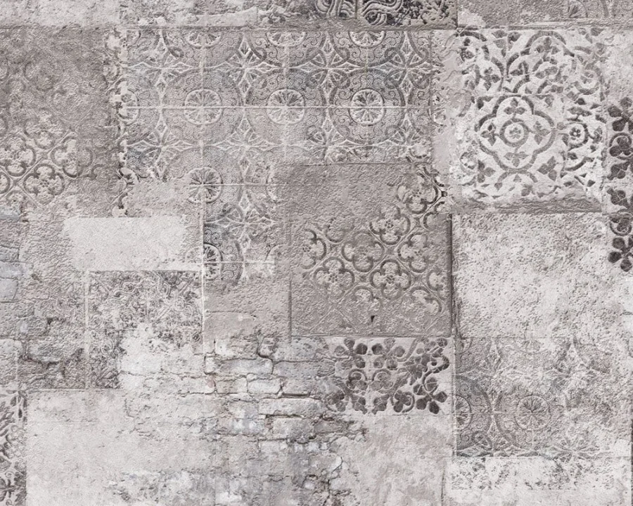 Muster der DW7392 Küchenrückwand mit Patchwork aus Backstein und Zierfliesen in Grautönen
