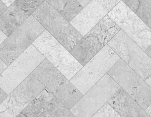 Design of grey travertine tiles laid in a herringbone pattern